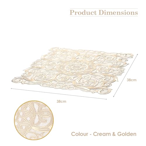 Image of Kuber Industries Leather Table Mats Set of 6 | Placemat /Dining Table Mat for Family Functions | Circle Flower Square Design - Cream & Golden