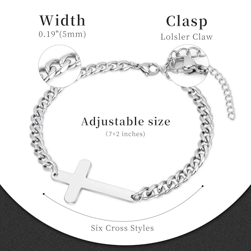 Silver Cross Bracelet for Men Teens, Stainless Steel Cuban/Figaro Cross Chain Link Bracelet 5mm 7+2 Inches, Christian Religious Jesus Confirmation Jewelry Gifts for Him4