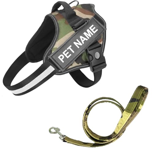 SUBAKA Customized Dog Harness with Personalized Pet Name Patches | No-Pull Camouflage Dog Vest | Reflective Straps | Adjustable Fit | Matching Leash Included (Army Green, Large (21-35 kgs))
