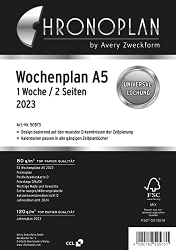 Chronoplan 50233 Kalendereinlage 2023, Wochenplan im A5 Format (148x210 mm), Tage in Spalten, Ersatzkalendarium, ideal für detaillierte Wochenplanung, Multilochung (1 Woche auf 2 Seiten), weiß Cover
