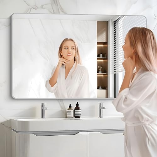 Image of 48x30 Inch Silver Bathroom Mirror, Metal Framed Silver Rectangle Mirrors, Rounded Rectangular Vanity Mirror, Wall Mounted Mirrors for Living Room Bedroom Entryway Hangs Horizontal or Vertical