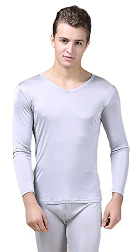 Two Piece Mulberry Silk Knitted Thermal Underwear Suit V-neck Silver Grey XL