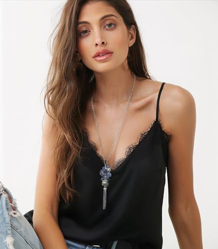 PEARL&CLUB Silver Long Tassel Necklaces for Women Boho Chain Necklace with Tassel Beaded Pendant Silver Fashion Jewelry Gifts for Women3