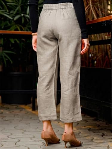 Image of Vogaan Women Cotton Linen Blend Straight Fit Trousers | High Waist Casual Office Pants | Solid Ankle Length Bottom Wear