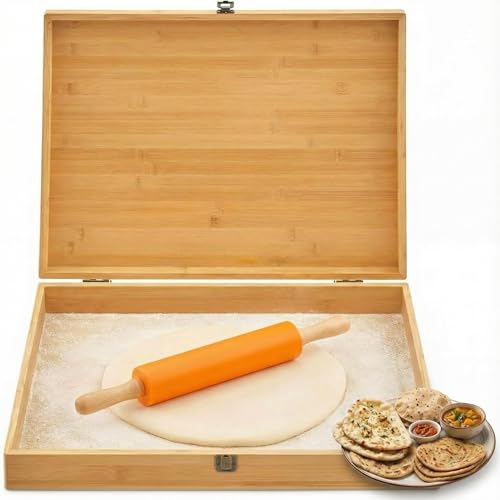 Maxdot Bamboo Roti Box with Lid and Roller for Rolling Roti 19.7 x 15.8 x 3 Inches Non Slip Kneading Board for Kitchen