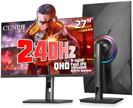 CUNPU 27 Inch 1440P 240Hz Gaming Monitor, Fast IPS, 1ms GTG QHD Gamer Monitor, FreeSync & G-Sync, HDR, 128% sRGB, Height/Pivot/Tilt/Swivel Vertical Monitor, Built-in Dual Speaker, HDMI/DP