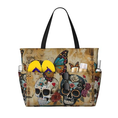 Grand sac fourre-tout crânes et papillons noir pour femme