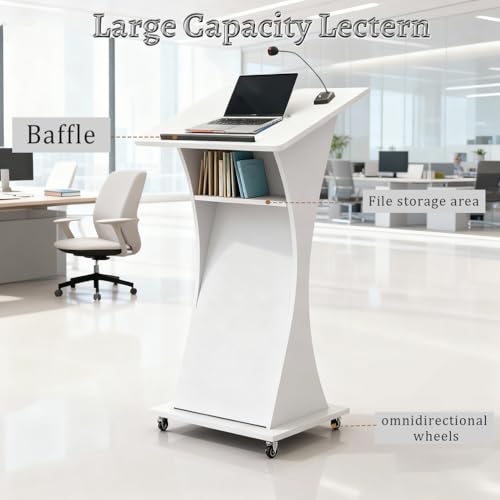 Image of Portable Rolling Wooden Podium Stand with Lockable Wheels, 42.5 inch Height, Lightweight White Lectern for Churches, Presentations & Events, Mobile Pulpit for Easy Use