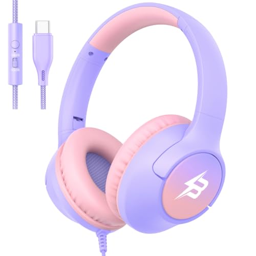 Image of USB C Headphones Wired for Kids, 85 /94dB Volume Limit With Mic, Purple | Kid Headphones for School, Wired Over Ear USBC Plug in Corded Headphones for Boys Girl Toddler, iPad, Tablet, Airplane Travel