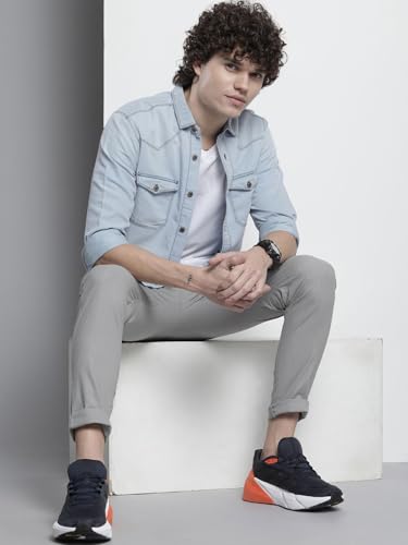Image of The Indian Garage Co Men Slim Fit Solid Full Sleeves Cutaway Collar Double Flap Pocket Casual Denim Shirt