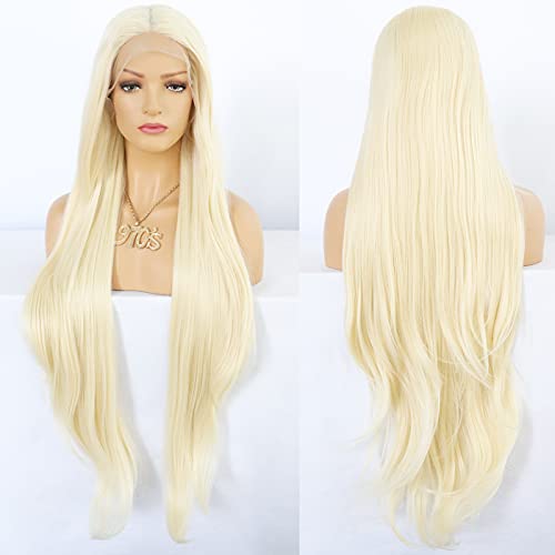 Ebingoo Platinum Blonde Wig 38 Inches Wig 613 Blonde Wig for Women Super Long Synthetic Hair Wigs Extra Long Lace Front Middle Part Straight Glueless Wig 613 Blonde Part Wig for Daily Wear