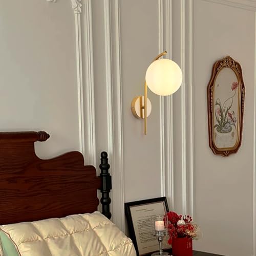 Image of Wall Sconces Plug in Set of 2, Hanging Wall Lamp with Plug in Cord, Metal Wall Lamp White Glass Globe Indoor Wall Decor Light for Bedroom, Farmhouse, Hallway, Living Room, Kitchen, Gold