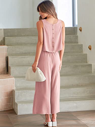 Image of ANRABESS Women's Summer 2 Piece Outfits Sleeveless Tank Crop Button Back Top Cropped Wide Leg Pants Set Pockets