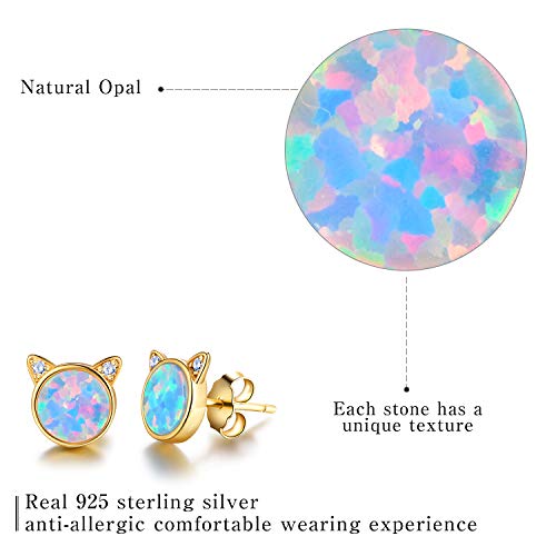 ✦Christmas Gifts for Women✦ Esberry 14k Gold Earrings Sterling Silver Opal Cat Stud Earrings Cat with Natural Stone Earrings for Women3