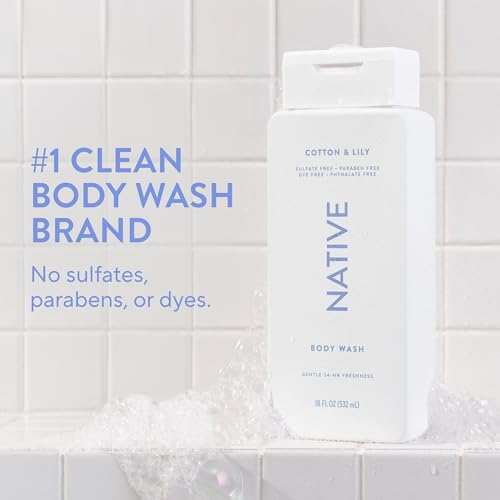 Image of Native Clean Body Wash, Gentle & pH-balanced for Sensitive Skin, 24-Hr Freshness for Women & Men, Vegan & Cruelty-Free, Free of Sulfates, Parabens & Phthalates, Cotton & Lily, 18 fl oz