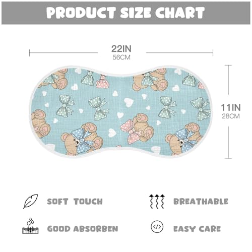 2 Pack Muslin Burp Cloths Teddy Bear Bow Blue Cotton Baby Burp Cloths Ultra Absorbent and Soft Thick Burping Cloth for Newborn Babies Boys Girls, Large 22" x 11"2