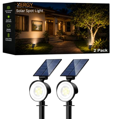 Image of XERGY Solar LED Spot Lights | Waterproof Outdoor Landscape Lighting | 3 Brightness Modes | Adjustable Head | Wall Mount & Ground Stake Installation | Auto On /Off for Garden, Lawn & Pathway (Pack of 2)