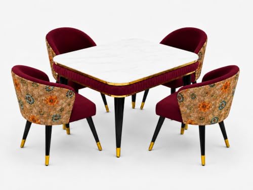 Image of WOODEN SPACE Majestic 4 Seater Wooden Dining Table Set | Urban Marble Top Dining Table with Chairs for Dining Room & Kitchen (Modern Classic Printed Maroon) (54 x 36 x 30 inch)