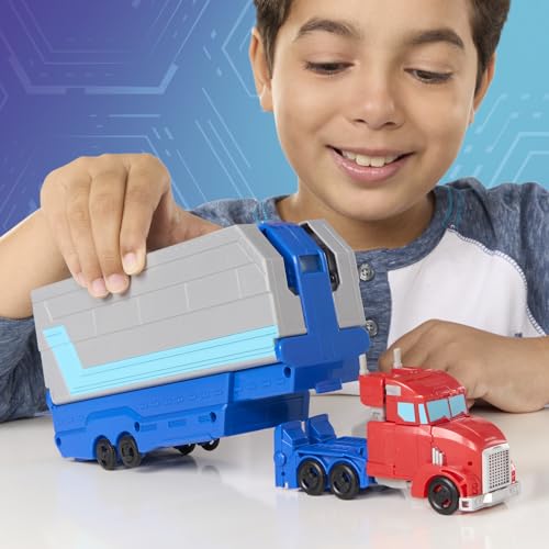Image of Transformers EarthSpark Optimus Prime Battle Trailer Playset with Action Figure, Lights and Sounds, Electronic Truck Toys for Kids 6 and Up