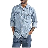 Mens Regular Fit Denim Button Down Shirts Casual Chambray Long Sleeve Lightweight Tops Casual Spread Collar
