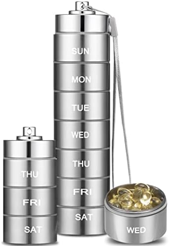 Vorey Metal Pill Organizer Travel Pill Box Medicine Organizer Portable Waterproof Weekly Pill Case Stackable 7 Day Daily Pill Container for Vitamin, Fish Oil, Supplement, Sliver