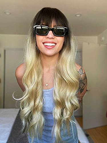 AISI BEAUTY Ombre Blonde Wigs for Women Long Wavy Wig with Bangs Ombre Brown to Blonde Long Wig Synthetic Heat Resistant Fiber 26 Inches Natural Wave Wigs Daily Party Use