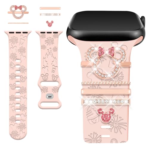 Kimiyaki Cartoon Watch Band with Charms(Band Included) for Apple Watch 38/40/41/42/44/45/46/49mm Women Cute Silicone Engraved Strap & Decorative Rings for iwatch 10 9 8 7 6 5 4 3 2 1 SE Ultra