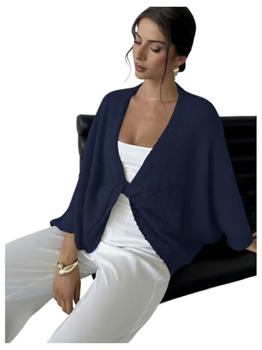 Image of GORGLITTER Women's Wrap Sweater Bat Wing Cropped Poncho Knit Tops | Oversized Cozy Pullover Sweaters, Lightweight, Asymmetrical 3 /4 Sleeve V Neck Tops, Fall Clothes 2026
