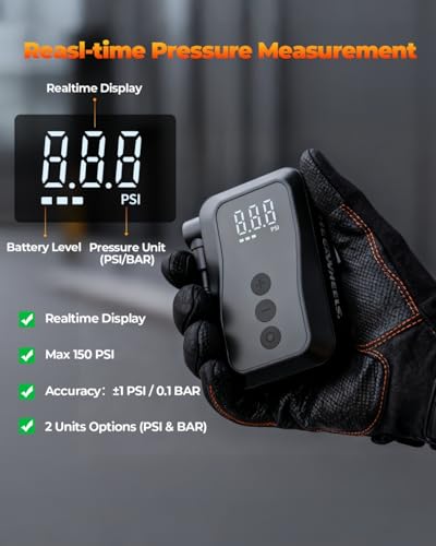Image of MEGAWHEELS Mini Bike Pump with Gauge, 120 /150PSI Bike Tire Inflator with Presta & Schrader Valve, Portable Electric Air Pump Auto Stop, Fast Inflation for E-Bike, Mountain Bike, Scooter, Balls