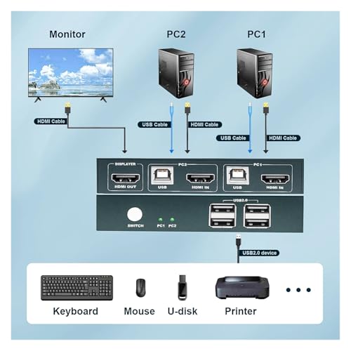Conmutador KVM USB conmutador 4K selector para ratón teclado e impresora PC 5