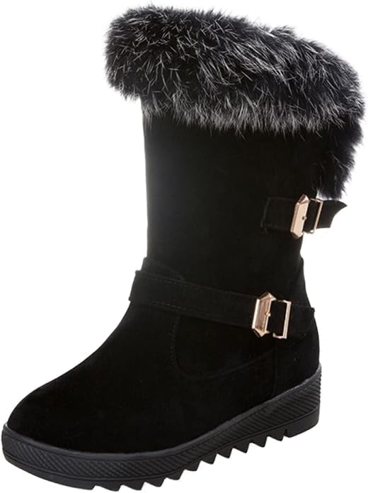 Winter Boots for Women Fur Lined Warm Wide Calf Boots Cozy Chunky Bottom Mid Heels Short Boots For Christmas