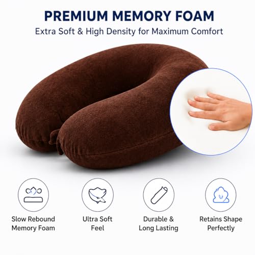 Image of Restify Premium Memory Foam Travel Neck Pillow with Eye Mask | Soft Velvet U Shape Neck Support Cushion for Flight, Airplane, Car & Office Travel | Portable Pillow for Men & Women | Brown