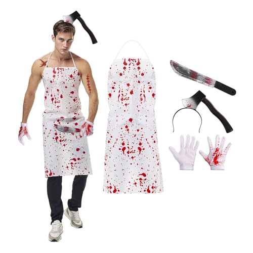 Joyincoser Disfraz de carnicero de Halloween para hombre y mujer, disfraz de terror espeluznante, delantal sangriento, cuchillo falso, guantes, tocado, tatuaje con cicatrices, pegatinas para Halloween