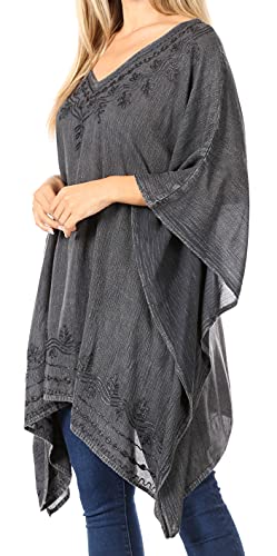 Image of Sakkas Wren Lightweight Circle Poncho Top Blouse with Detailed Embroidery