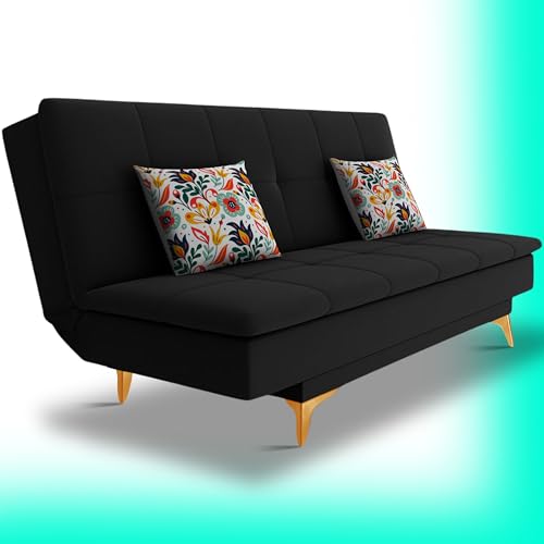 Image of Rosebell Premium New Aspen 3 Seater Sofa Cum Bed 4X6 Velvet Suede with 2 Cushions and Suitable for All Indoor-Black Color