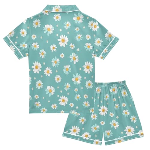 Small White Daisies Summer Satin Pajama Set, Cute Button-Down Sleepwear Pj Set for Sleep Wears2