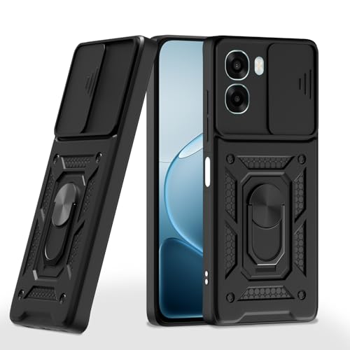 Image of Pikkme Back Cover for Oppo A6X 5G | 360 Protection Case | Sliding Camera Shield Cover & Ring Holder Stand D10 Tough Armor Bumper Case (Black)