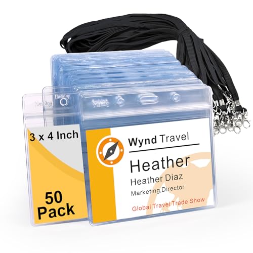 Fushing 50 para tarjetas de identificación horizontales de plástico transparente con cordones para tarjetas de identificación y cordones para insertos de identificación de 7,6 x 10,2 cm