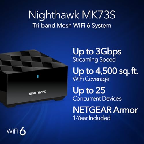 Image of NETGEAR Nighthawk Tri-Band Whole Home Mesh WiFi 6 System (MK73S) - Router + 2 Satellite Extenders - 3Gbps Speed - Coverage up to 4,500 sq. ft., 25 Devices - Includes 1-Year Armor - AX3000 802.11ax