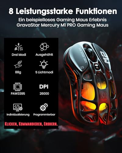 GravaStar Mercury M2 Gaming Maus Kabellos mit 26.000 DPI, PAW3395 DM Sensor, 79 g Ultraleicht, 5 RGB-Modi, 5 programmierbare Tasten, Tri-Mode (2,4 GHz/Bluetooth/Kabel), für PC/Mac – Schwarz 2