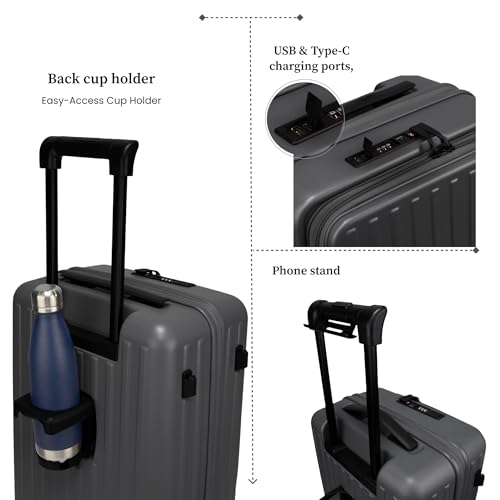 Image of F Gear Montreal Small Cabin Pro 54cm German Polycarbonate Hard Luggage |8 Japanese Hinomoto Silent Wheels|USB & Type-C Charging | Front Opening Suitcase for Travel (Steel Grey)