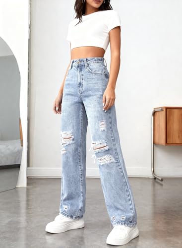HBER Ripped Straight Leg Jeans for Women High Waisted Casual Loose Distressed Boyfriend Denim Pants Y2K Streetwear Blue