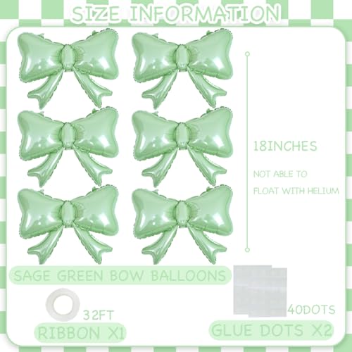 Image of 6 Pieces Bow Balloons, Sage Green Metallic Foil Bow Balloon, Big Light Green Bowtie Balloons for Happy Birthday Party, Baby Shower, Wedding Bridal Shower, Balloon Garland Accessories