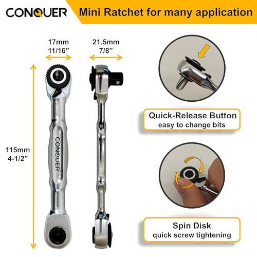 Image of CONQUER 21-Piece 1 /4 inch Drive Mini Ratchet Set, 72-Tooth Dual Head with Quick Release & Spin Disk, Universal Spline Sockets (6-13mm, SAE /Metric) & S2 Bits