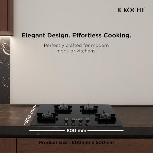 Image of KOCHE BETTY 4 Burner Built-In Gas Hob 80cm Auto Ignition | Hob /Cooktop Hybrid | High Power Brass Burners Gas Stove | Cast Iron Pan Support | Metal Knobs | Black Toughened Glass | 5 Years Warranty