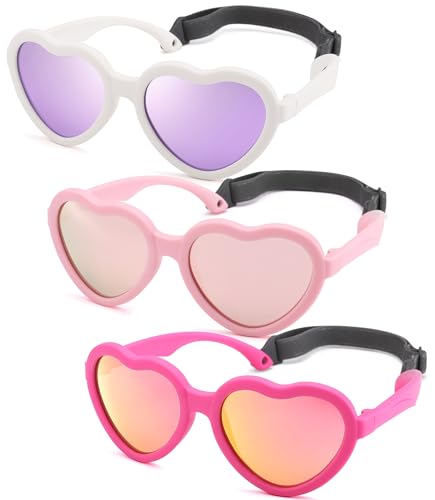 NULOOQ Kids Heart Sunglasses for Girls – Cute Polarized Flexible Frame Toddler Sunglasses with Strap Age 2-8