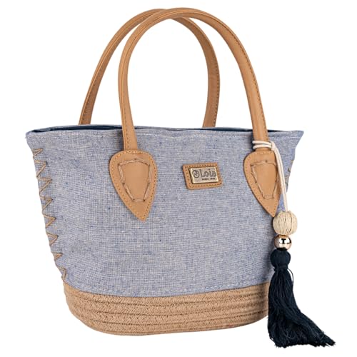 Lois - Bolso Capazo Rafia Mujer Para Playa Ideal Verano. Capazos Mimbre Mujer Estilo Rústico Elegante y Ligero, Azul