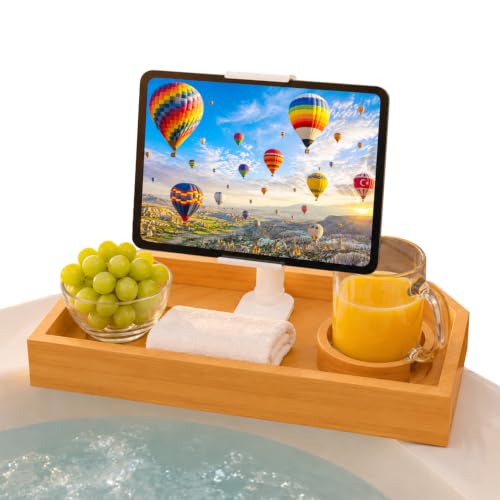 Vespara Bamboo Hot Tub Tray Table with Adjustable Phone Holder Non Slip Hot Tub Table Spa Gifts for Women Bathtub Canddy Tray with Wine Glass Holder Tray for Luxury Bathtub& Bathroom Accessories