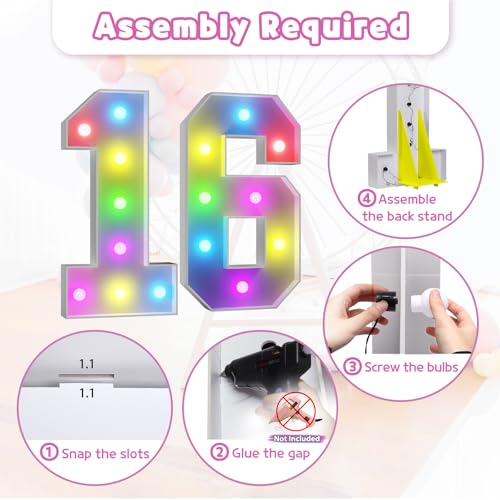 Image of Imprsv Colorful 3FT Marquee Numbers Light up Numbers 16 Birthday Decoration | RGB with Remote, Party Decorations Anniversary Wedding Decorations Assembly Required Foam Board 38 Pcs Accessory Set