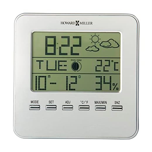 Howard Miller Weather View Tabletop Clock – Multi-Function Silver Desk Clock with Indoor Temperature, Humidity, Date, Moon Phase, 12/24 Hour Format & LCD Alarm Snooze Feature for Home or Office